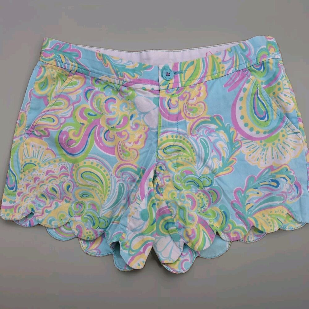Lilly Pulitzer The Buttercup Double Trouble Scallop Hem Shorts Sz 0 Blue‎ Pink